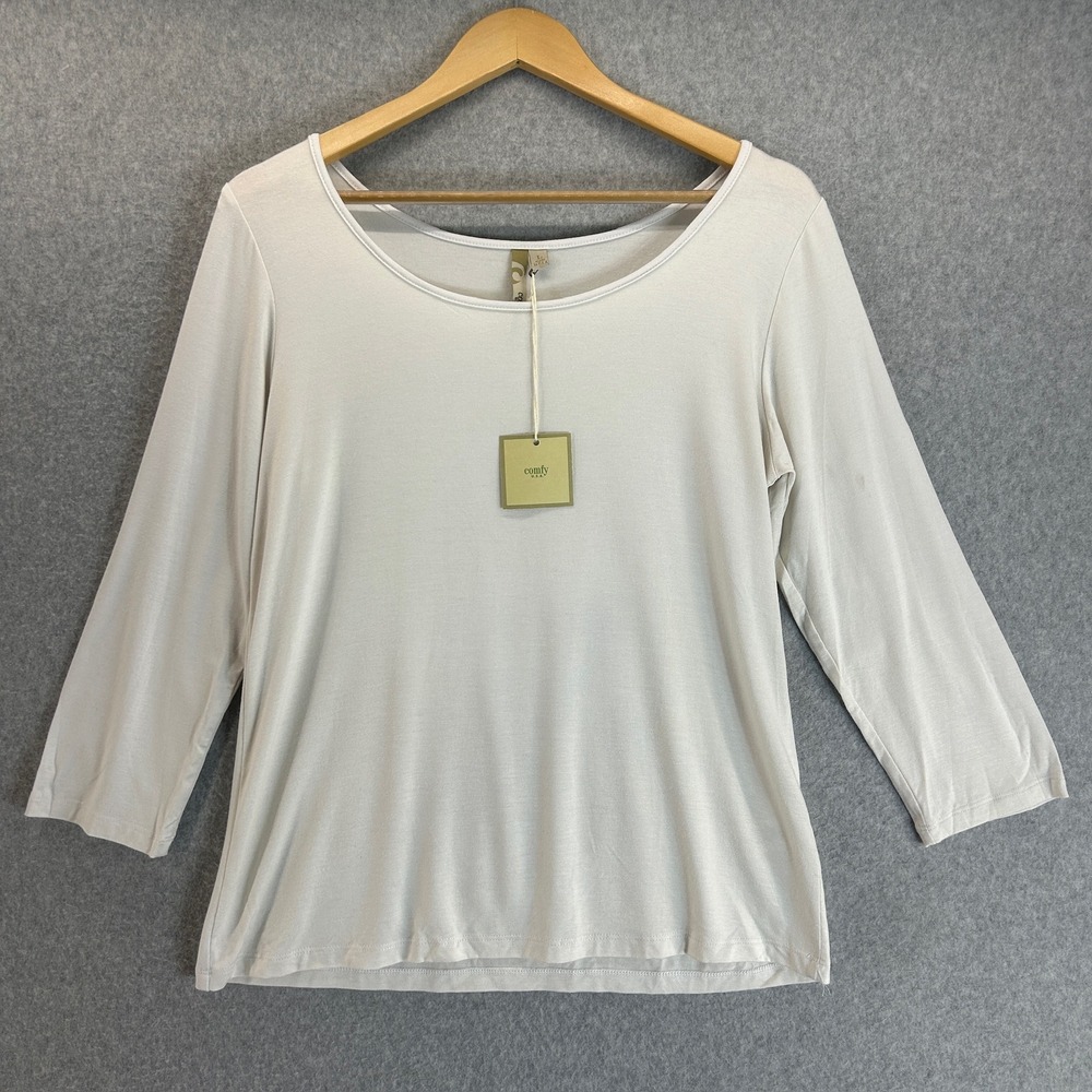 Comfy USA 3/4 Sleeve Round Scoop Neck Tee Top Casual White Size‎ Large NWT FLAW